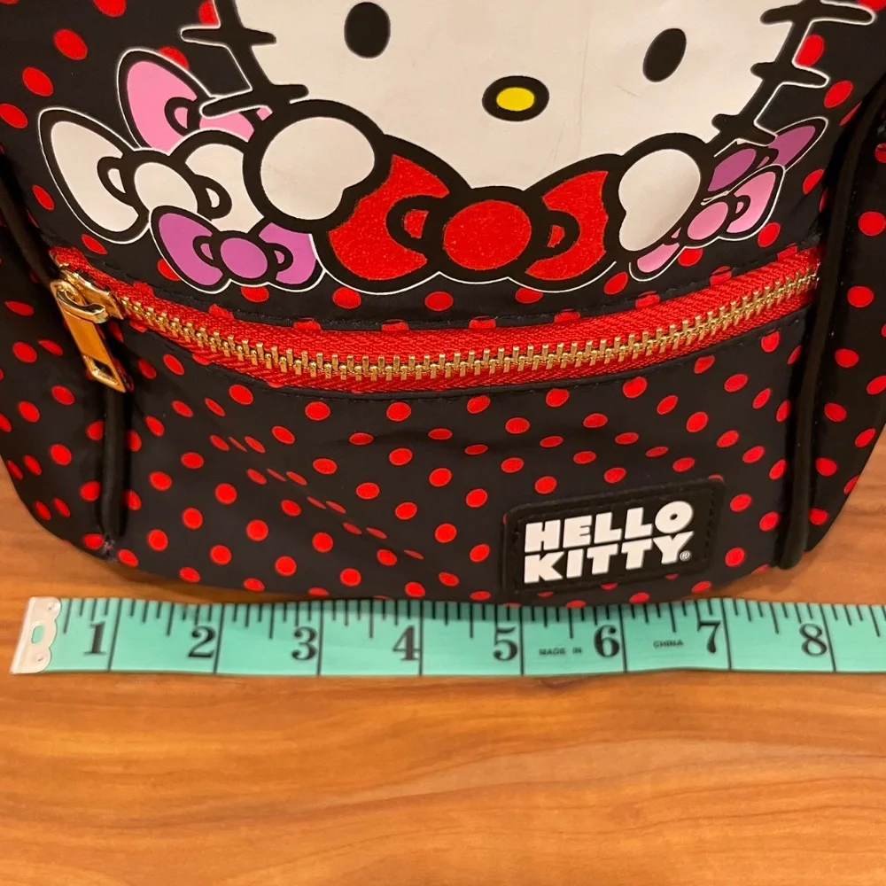 HELLO KITTY Sanrio Mini Backpack with Zipped Front Pocket Black Red Polka Dots - Picture 13 of 15